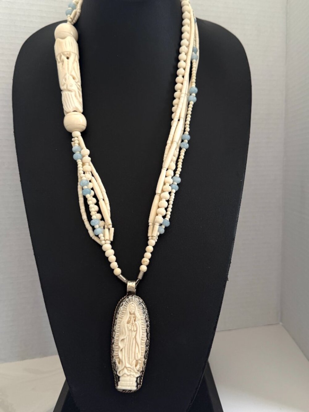 Virgin Mary Carved Bone Pendant on Vintage Multi-Strand Bone Necklace